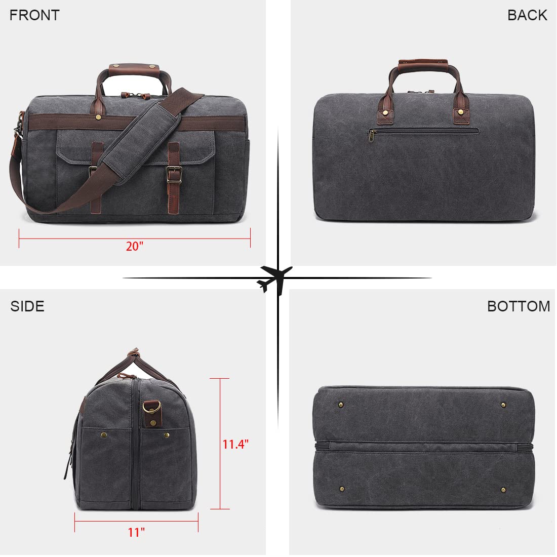 Duffle Bag for Men Waterproof Genuine Leather Canvas Travel Duffel Bags for Women Overnight Weekender Bag for Traveling, Black