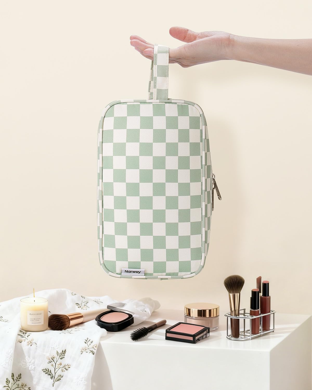 Narwey Travel Toiletry Bag for Women Traveling Dopp Kit Travel Bag for Toiletries Cosmetic Bag Makeup Bag Medicine Bag for Traveling (Mint Green Checkerboard)