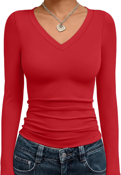 Trendy Queen Long Sleeve Shirts for Women 2025 Fall Fashion V Neck Basics Crop Tops Slim Fitted Y2K Tops Outfits Clothes