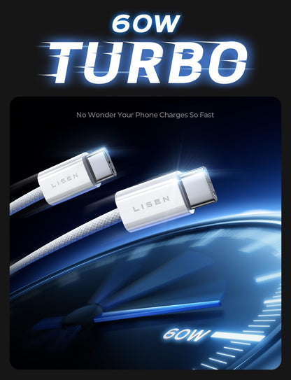 LISEN USB C Cable, 5-Pack [3.3/3.3/6.6/6.6/10FT] for iPhone 17 Charger Cord, 60W USB C to USB C Fast Charging Cable for iPhone 17 Air 16 15 Pro Max, Samsung Z Flip 7/S25/S24, Switch 2, iPad, MacBook