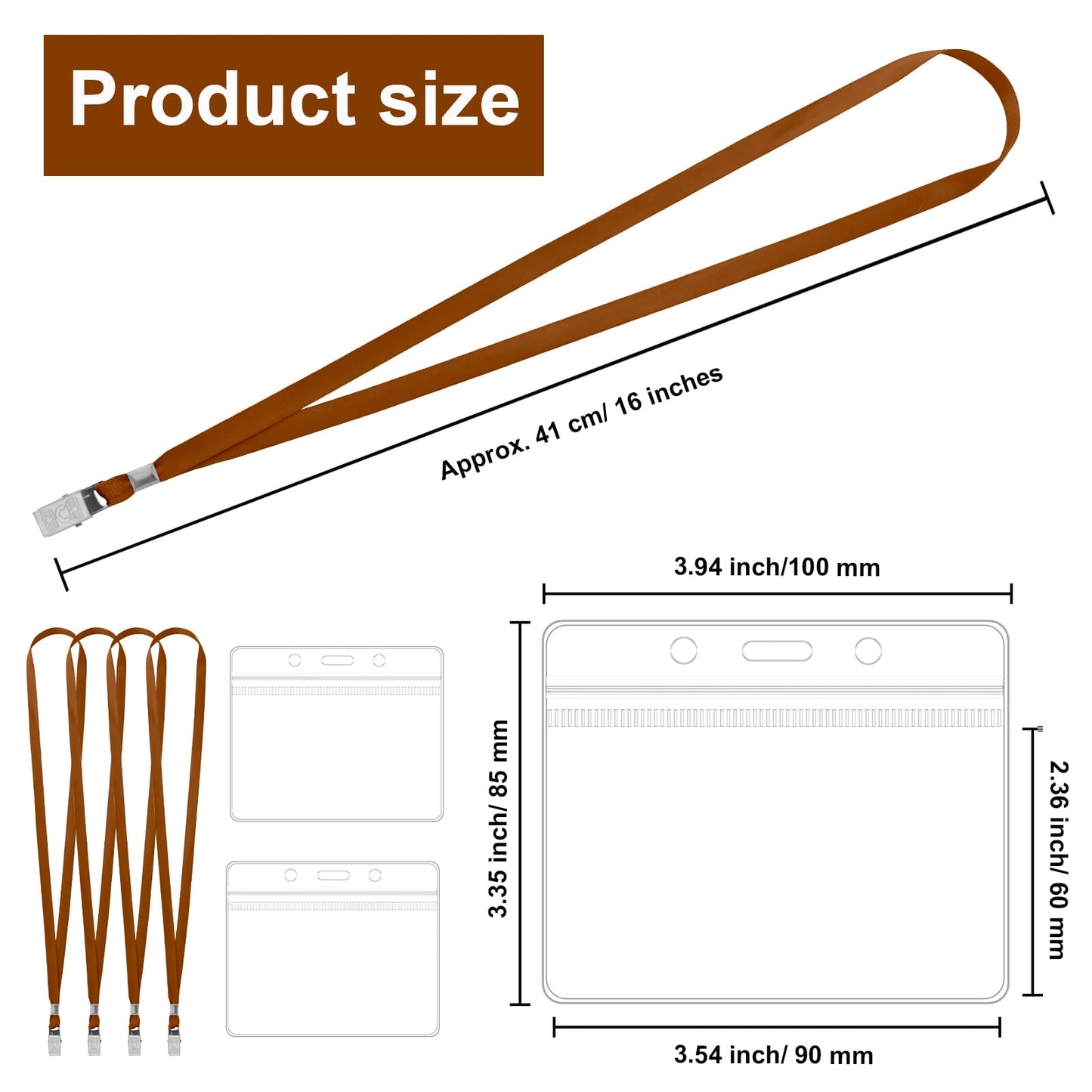 100 Pcs Lanyards for ID Badges and 100 Pcs Clear Name Tag Holders Reusable Lanyard with Clip Plastic ID Card Badge Holder Name Badges for Adults Kids Business School Office Supplies (Brown)