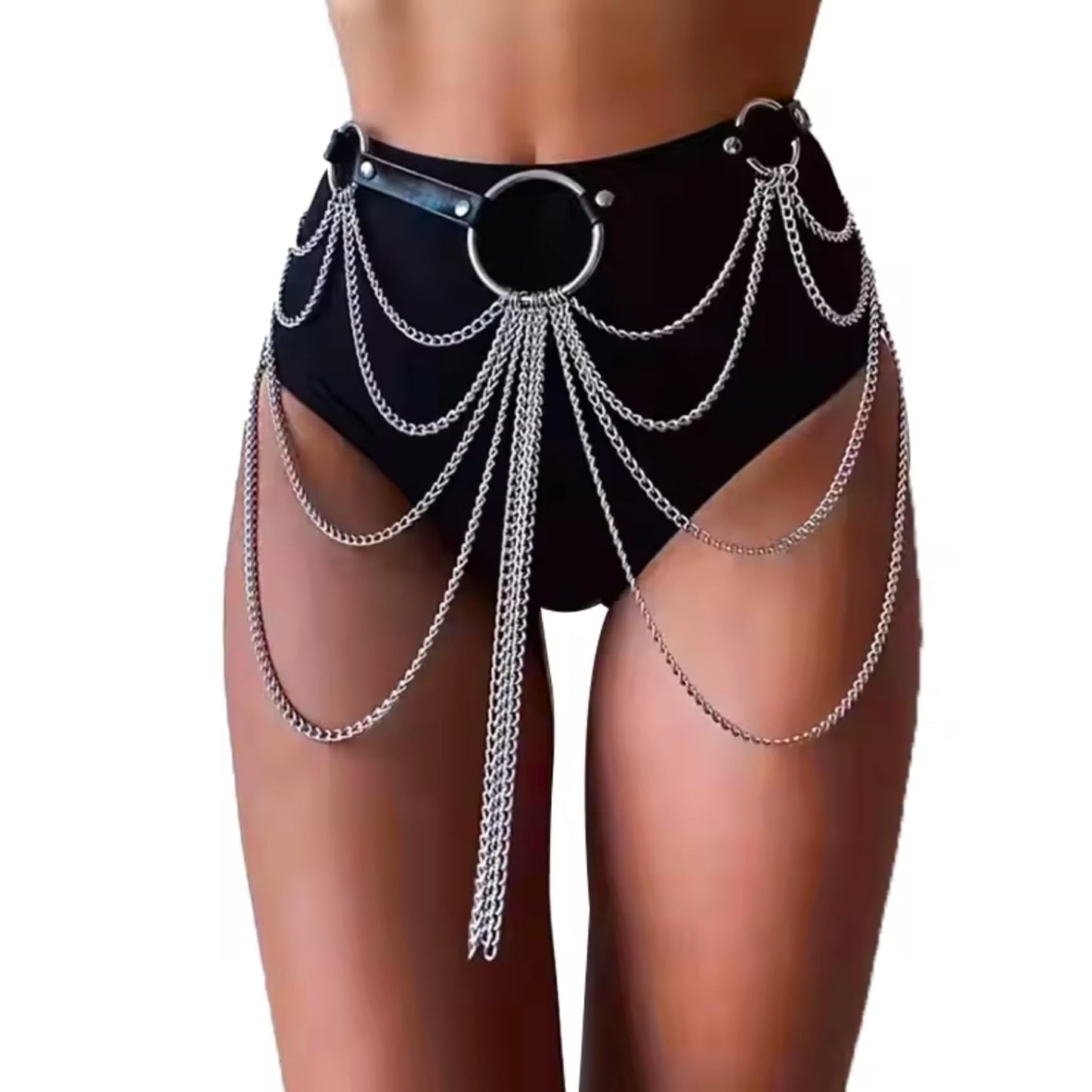 Ulekuke Punk Gothic Leather Waist Chain Belt for Women Layered Body Jewelry Black Silver Rave Accessories Festival Goth Fashion(Siceng)