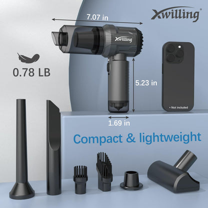 XWILLING Car Vacuum Cleaner High Power 12000 Pa, 4-in-1 Portable Cordless Handheld Vacuum Cleaner with Brushless Motor and Safety Hammer for Car Home Office Pet