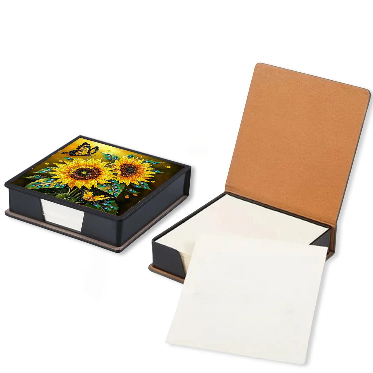 DIY Sunflower Diamond Painting Note Box, Diamond Art PU Sticky Note Holder with 160 Memo Papers, Office Decor and Storage Box,Handcrafted Gift for Adults