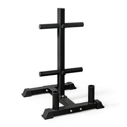 CAP Barbell Olympic Bumper Plate Tree Rack with 4 Weight Plate Posts and 2 Barbell Storage Holders – Heavy-Duty Steel Gym Organizer for Olympic Plates and Bars - Black