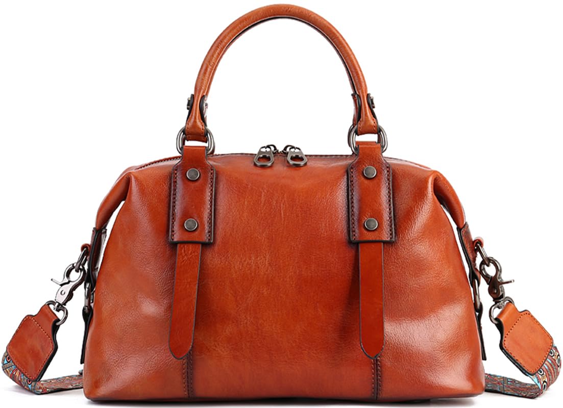 Genuine Leather Women's Handbags Travel Purses Top Handle Barrel Satchel Shoulder Hand Bags leather crossbody bags for Women Retro Tote Bag Brown