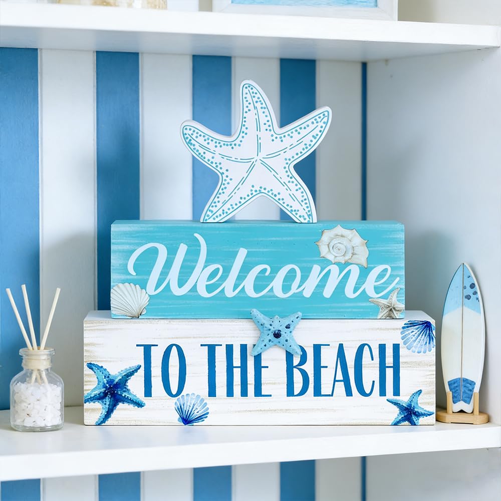 Beach Decorations for Home, MEETYAMOR 3-Layered Starfish Seashell Coastal Wood Block Beach Decor, TO THE BEACH Sign Ocean Decor for the Home, Table, Mantel