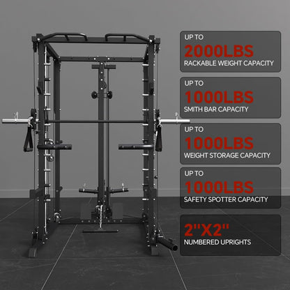 Fagus H All-in-One Smith Machine Power Cage with Dual Cable Crossover, LAT Pulldown & Weight Stack System,Multifunctional Home Gym Machine with LAT Pulldown, Chest Press, Leg Extension & Row