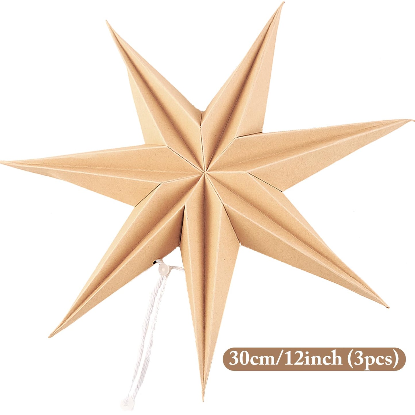 Christmas 3PCS 12inch 7-Pointed Wood Brown Paper Star Hanging Decoration Set Holiday Decor Stars Shape Landerne for Birthday Party Tree Xmas Home Decor