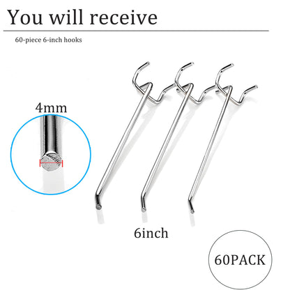 Wohegyy pegboard Hooks, 6 inch Heavy Duty Peg Board Organizer Accessories,Metal Hooks for pegboard,peg Board Hooks for Hanging for 1/4" Pegboard Hanging Tools Garage (60 Pack)