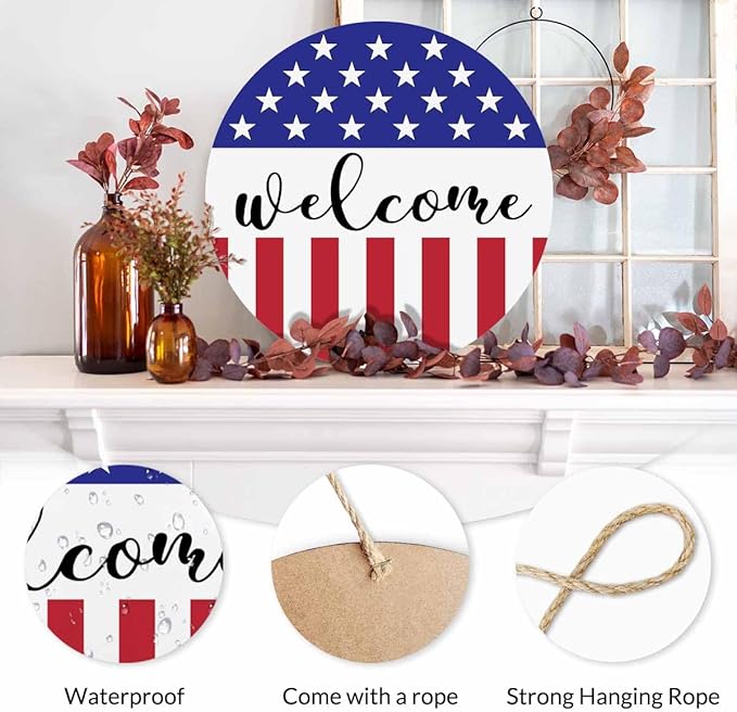 Welcome Wreath Sign for Farmhouse Front Porch Decor Patriotic Welcome Sign 12Inch Wooden Seasonal Decor Hanging Present