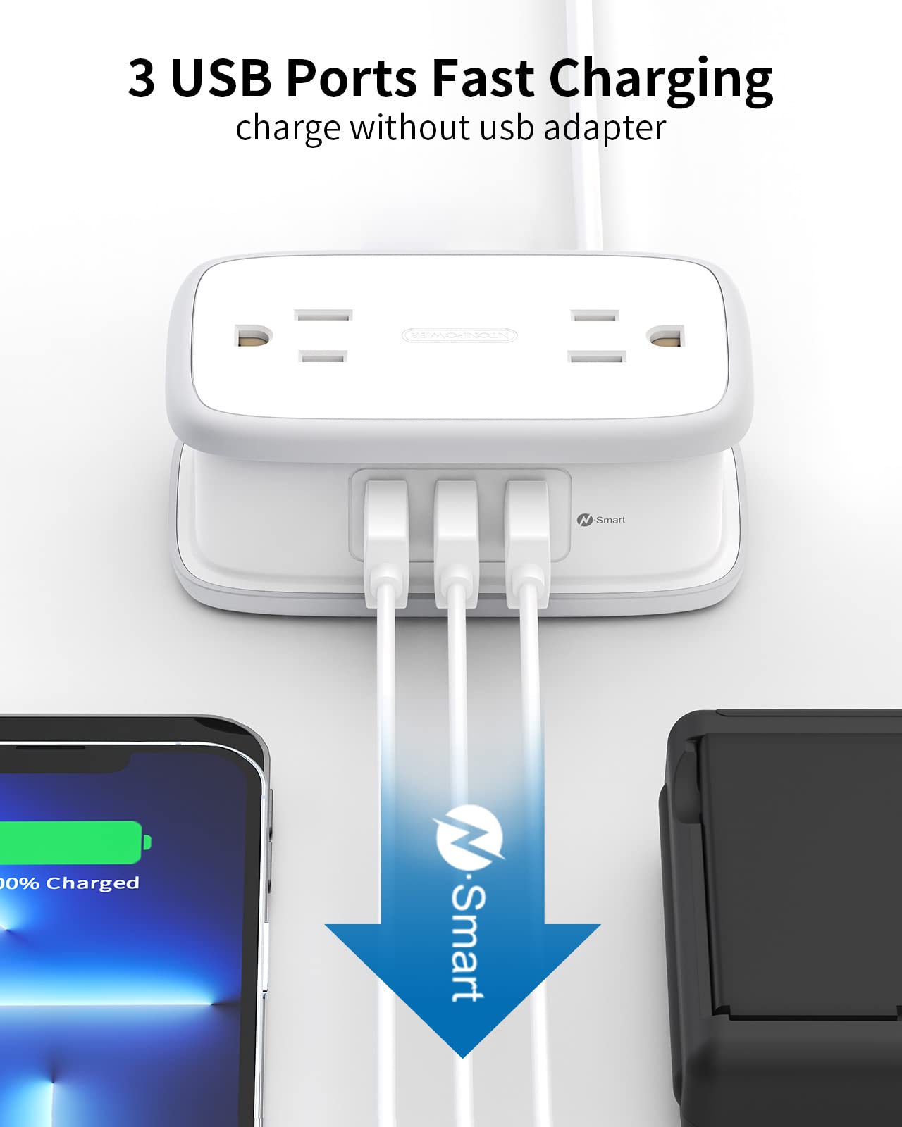 Travel Power Strip with USB 2 Pack, NTONPOWER 4 Outlets and 3 USB with 4Ft Short Extension Cord, Small Portable Desktop Charging Station for Cruise Ship, Home Office, White