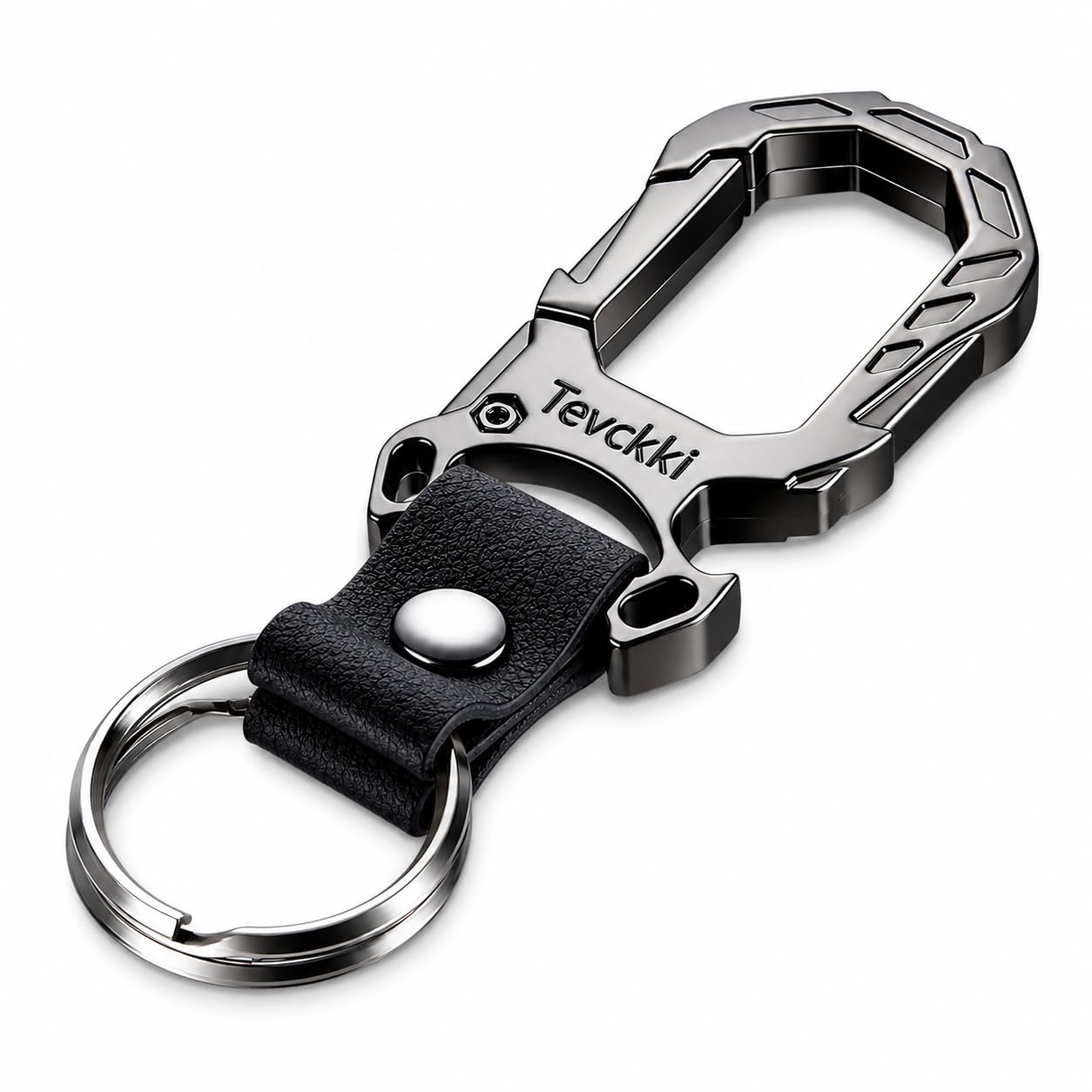 Tevckki Tactical leather keychains Carabiner Car Key Chains Bottle opener .Metal Clip Keychain with Anti-Lost 2 Key Rings Universal for men and women.(Black)