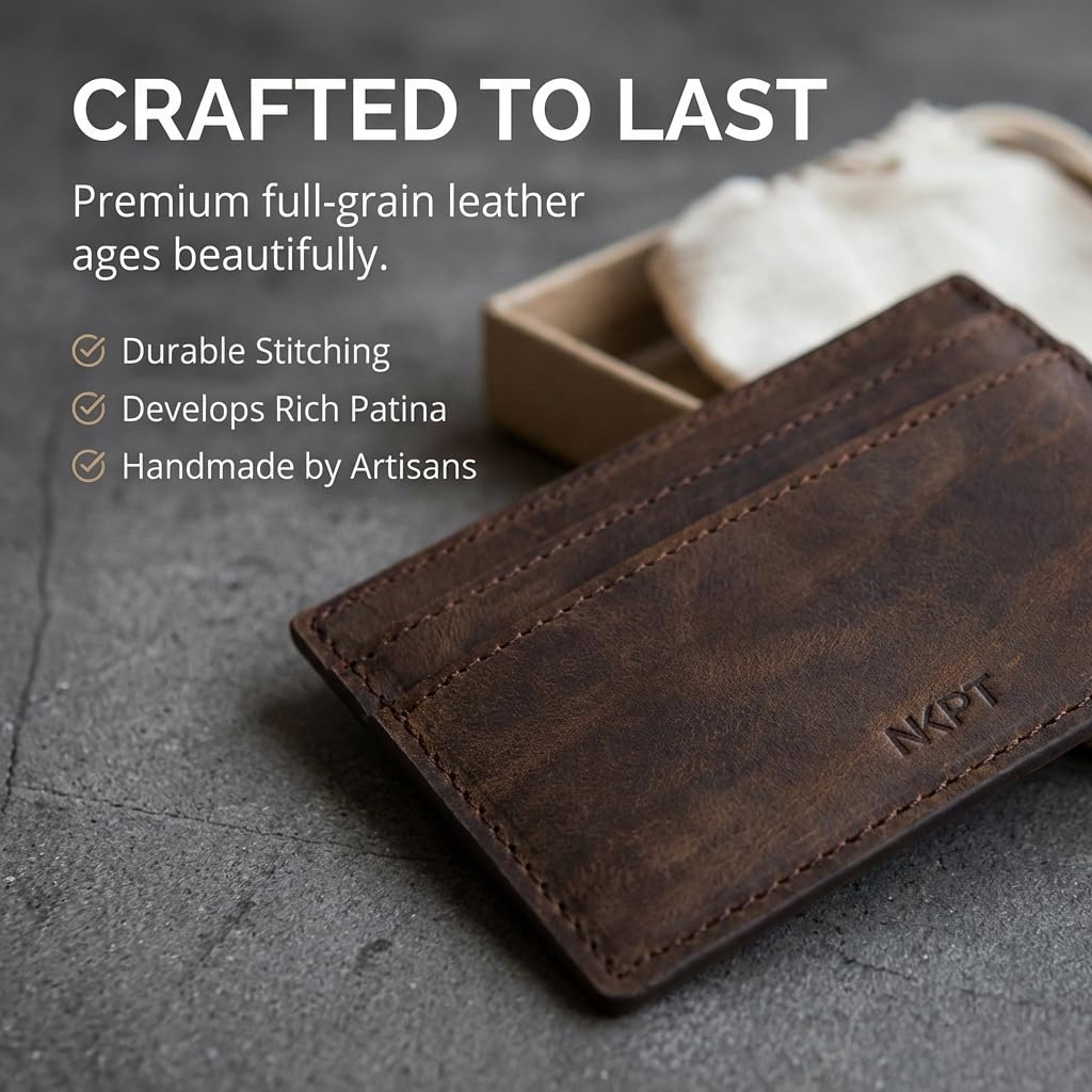 NKPT Thin RFID Leather Credit Card Holder Wallet for Men or Women | Small Slim Design, Brown
