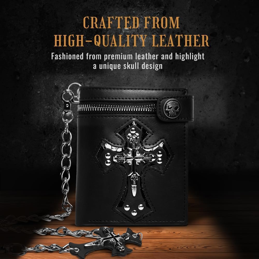 ZEKEE Cross Chain Wallet Leather - Jesus Gifts - Punk Skull Gothic Bifold Halloween Goth Accessories | Unisex, Black