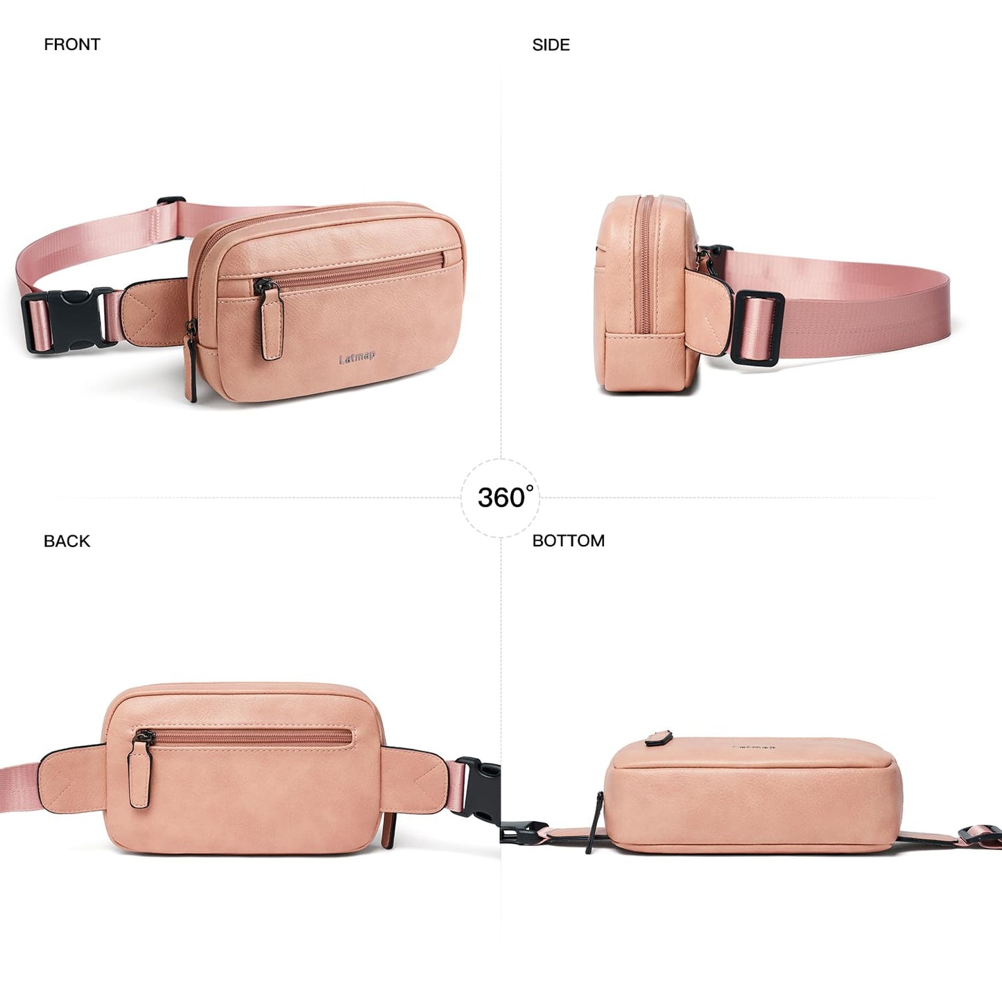 LATMAP 2L Fanny Packs Everywhere Belt Bag Small Fashion Crossbody Waist Pack Faux Leather Waterproof Sling Chest Bag For Women Trendy Pink