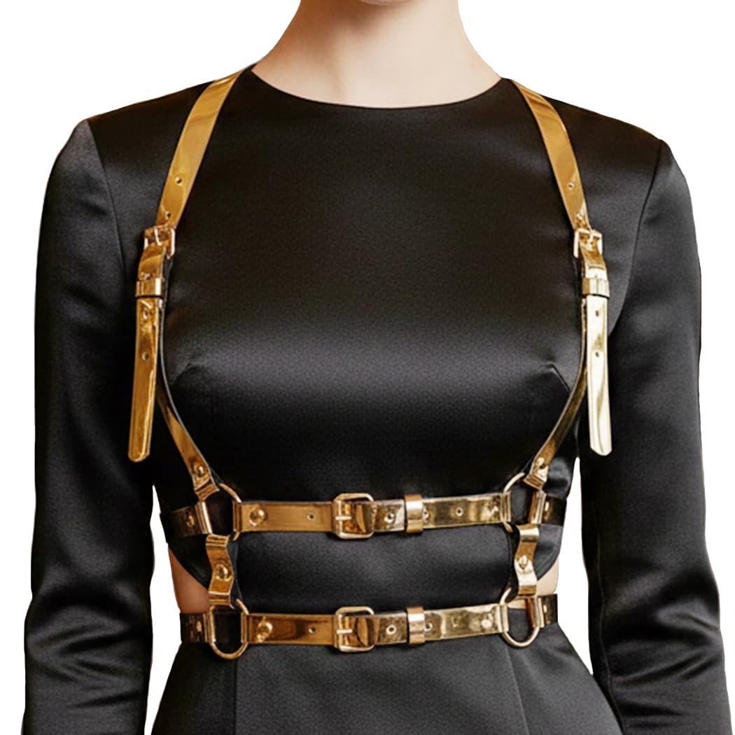 BODIY Women Fashion Harness Belt Gold Mirror Waist Belts Strap Reflective Rave Body Harness Accessory
