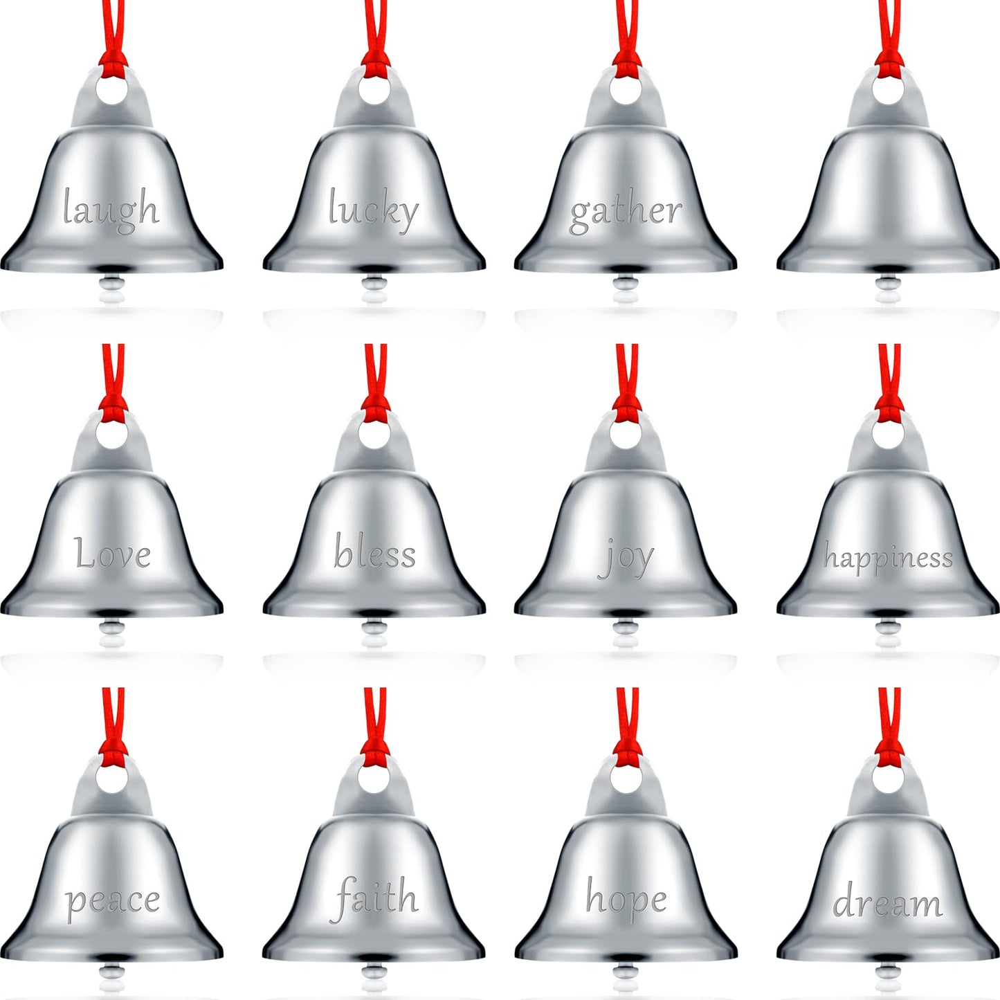 Sratte 24 Pack 1.5 Inch Christmas Bells Ornament Xmas Believe Jingle Decoration Silver Santa Sleigh Bell Christmas Printed Bell with Red Ribbon for Xmas Tree Home Decoration(Trumpet)