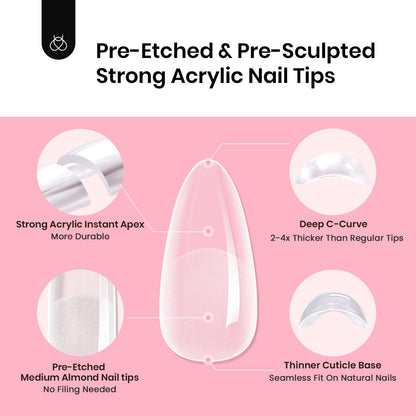Beetles Tipex Gel Nail Kit, Medium Almond Nail Tips 224 Pcs 16 Sizes Pre-Building Pre-Etched Thick Acrylic Tips with Tipex Glue, Mini Lamp