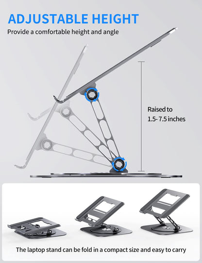Adjustable Computer Stand with 360 Rotating Base, Ergonimic Foldable Laptop Riser for Desk Compatible with MacBook Pro/Air Notebook up to 16 Inches, Silver