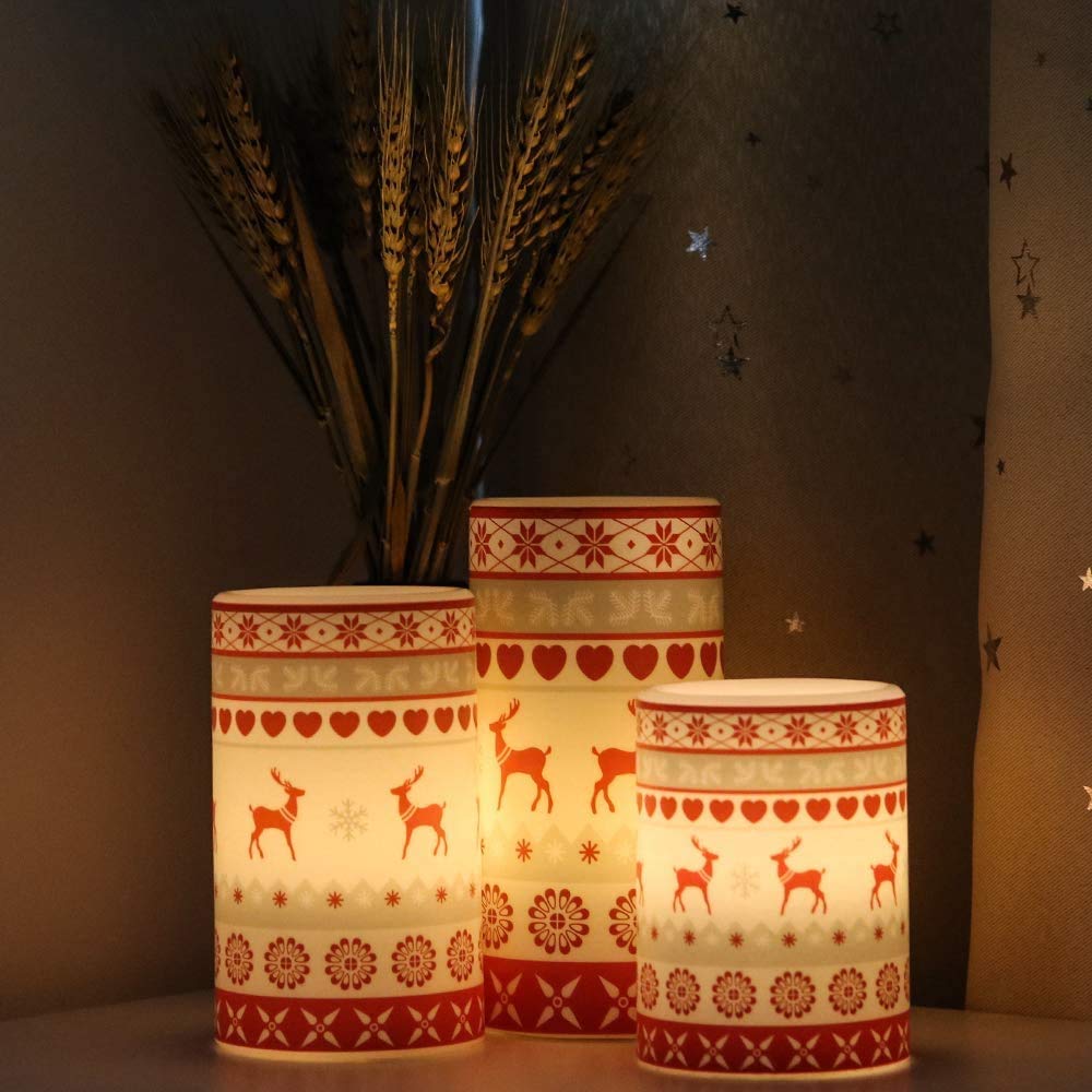 GenSwin Deer Flameless Candles Flickering Battery Operated with 6 Hours Timer, Real Wax Pillar LED Candles Warm Light Love Deer Decal Decor Gift(Pack of 3)