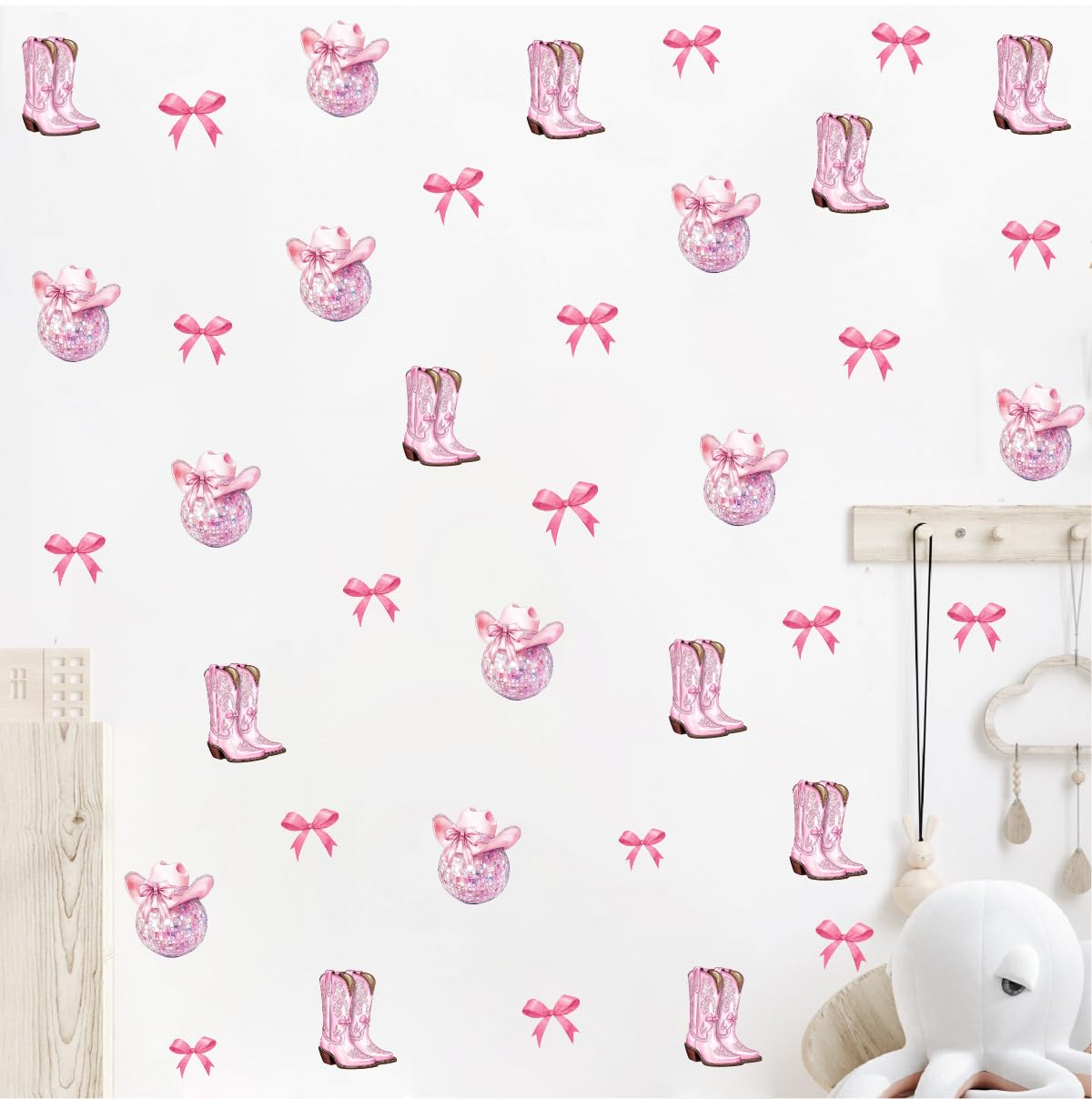 YIMEHDAN Pink Disco Ball and Boot Wall Decal, Westren Pink Cowgirl Vinyl Wall Stickers, Removable Wild West Girls Howdy Artwork for Teen Bedroom Dormitory Decor