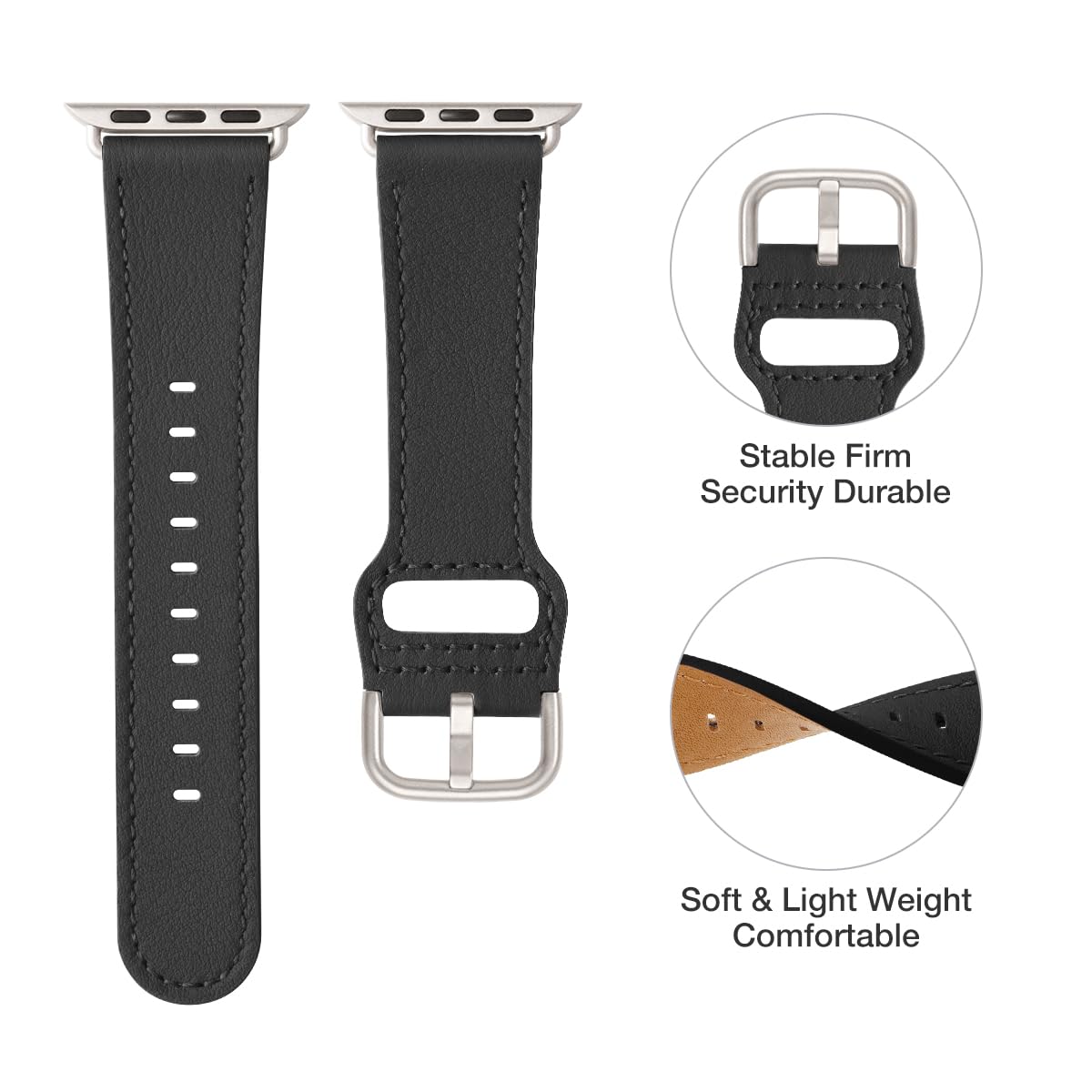 POWER PRIMACY Leather Bands Compatible with Apple Watch Band 38mm 40mm 41mm 42mm-Series 11/10,Genuine Leather Strap Compatible for Women Men iWatch SE Series 11 10 9 8 7 6 5 4 3 2 1(Black/Starlight)