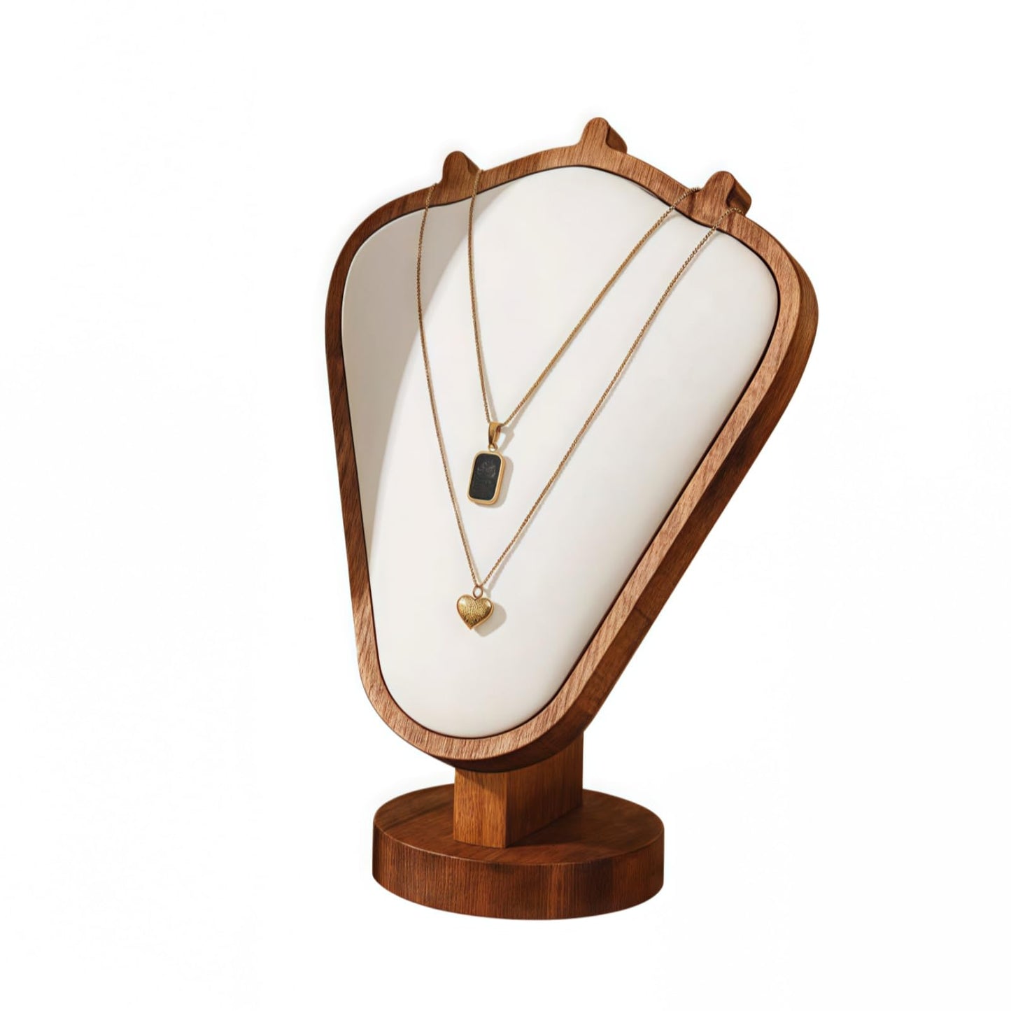 SWTOOL Walnut Color Body Wood Necklace Display Stand with White Leather Soft Mat Necklace Holder Organizer Desktop Stand for Home Store Dresser-3.3"x5.8"x8.4"