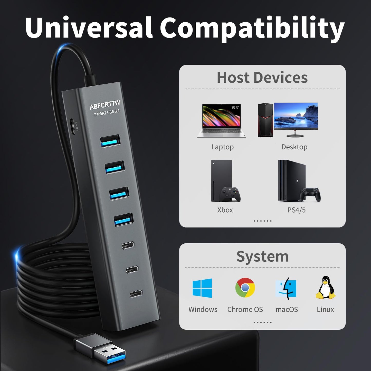 4Ft 7-Port USB Hub 3.0 for Desktop, 4 USB-A & 3 USB-C Ports Aluminium 5Gbps USB Extender Hub, USB Splitter, USB Hub Long Cable for Desktop, PC, Flash Drive, Mobile HDD SSD, Windows/XPS