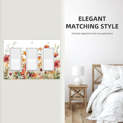 Watercolor Wild Flower Floral Triple Rocker Light Switch Covers 3 Gang Outlet Wall Plate Cover Decorative Switchplate Faceplate GFCI for Nursery Bedroom Bathroom Decor