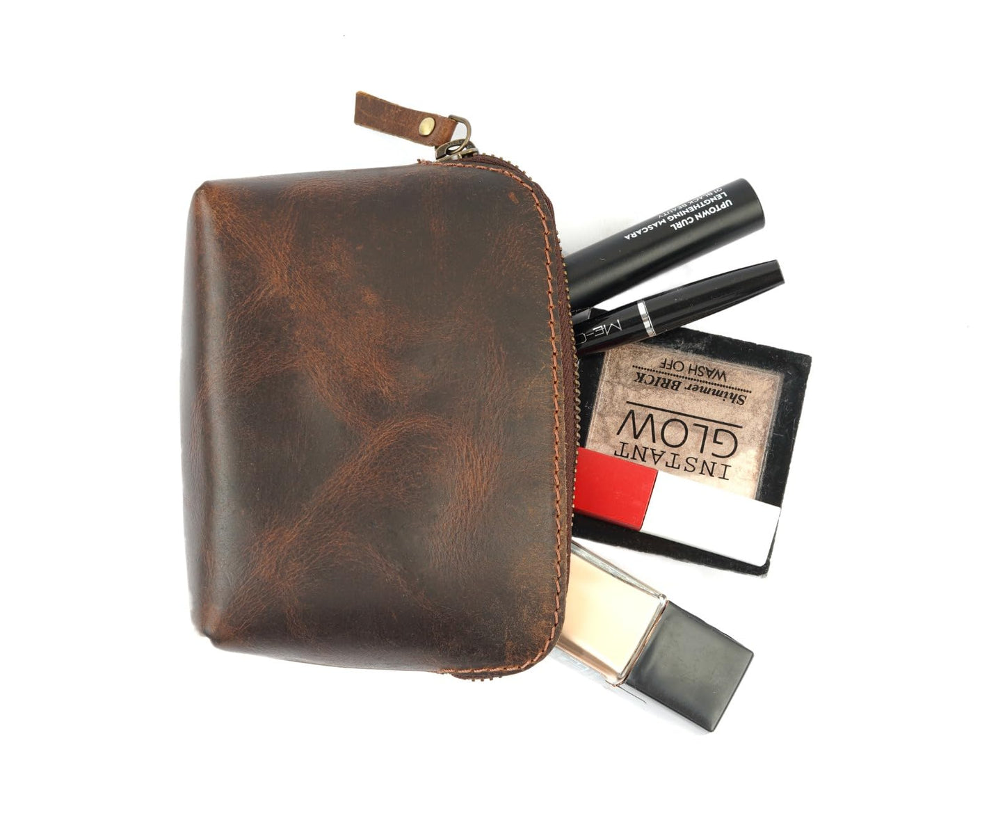 TheAntiq Full Grain Leather Cosmetic Bag – Zippered Makeup Pouch for Women, Small Travel Toiletry & Organizer Pouch for Purse, Premium Handmade Leather (5 × 4 × 2.5 in)