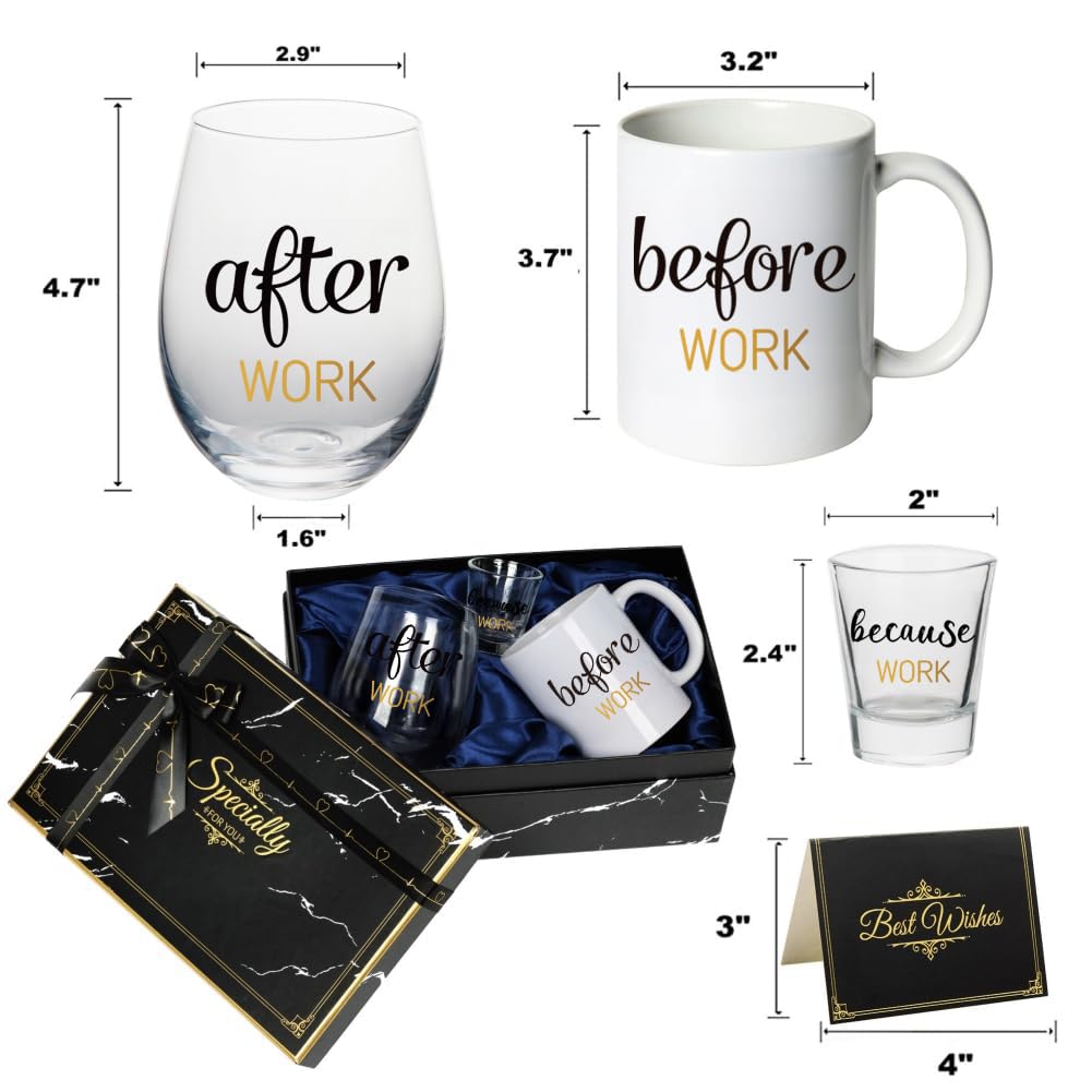 PUGED Before Work After Work Because Work Gift Set 11 oz Coffee Mug 18 oz Wine Glass 2 oz Shot Glass with Gifted Box for Coworkers Boss Office Gifts Bosses Day Christmas Farewell Party Gift (Black)