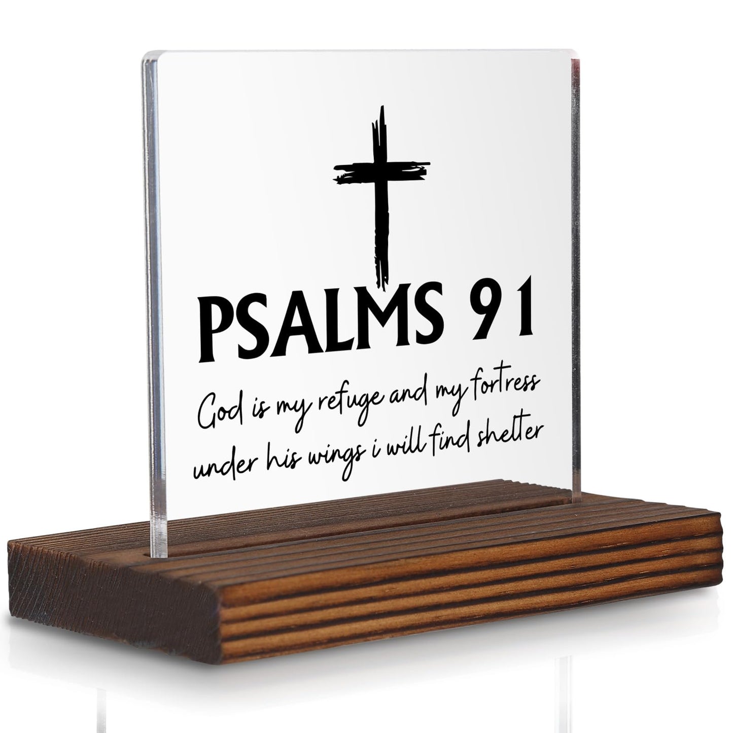Psalm 91 Desk Sign, Christian Bible Verse Decor with Cross, God Is My Refuge and Fortress Gift for Women Men, Inspirational Faith Plaque for Office, Birthday, Baptism, Retirement, Christmas PA130