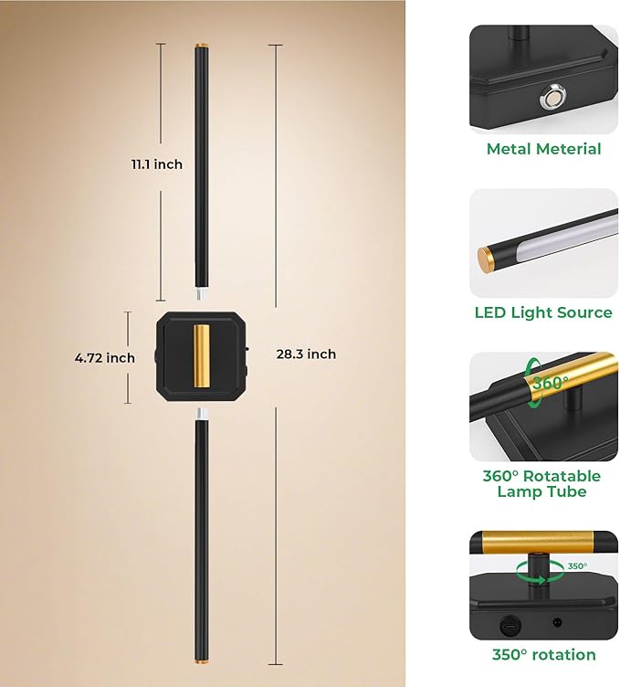 10000mAh Detachable Battery Operated Wall Sconce, Wireless Wall Lamp 360°Rotate,3000-6500K Dimmable, Rechargeable Modern Wall Light for Bedroom, Living Room，28.3" Black Gold (1 Pack)