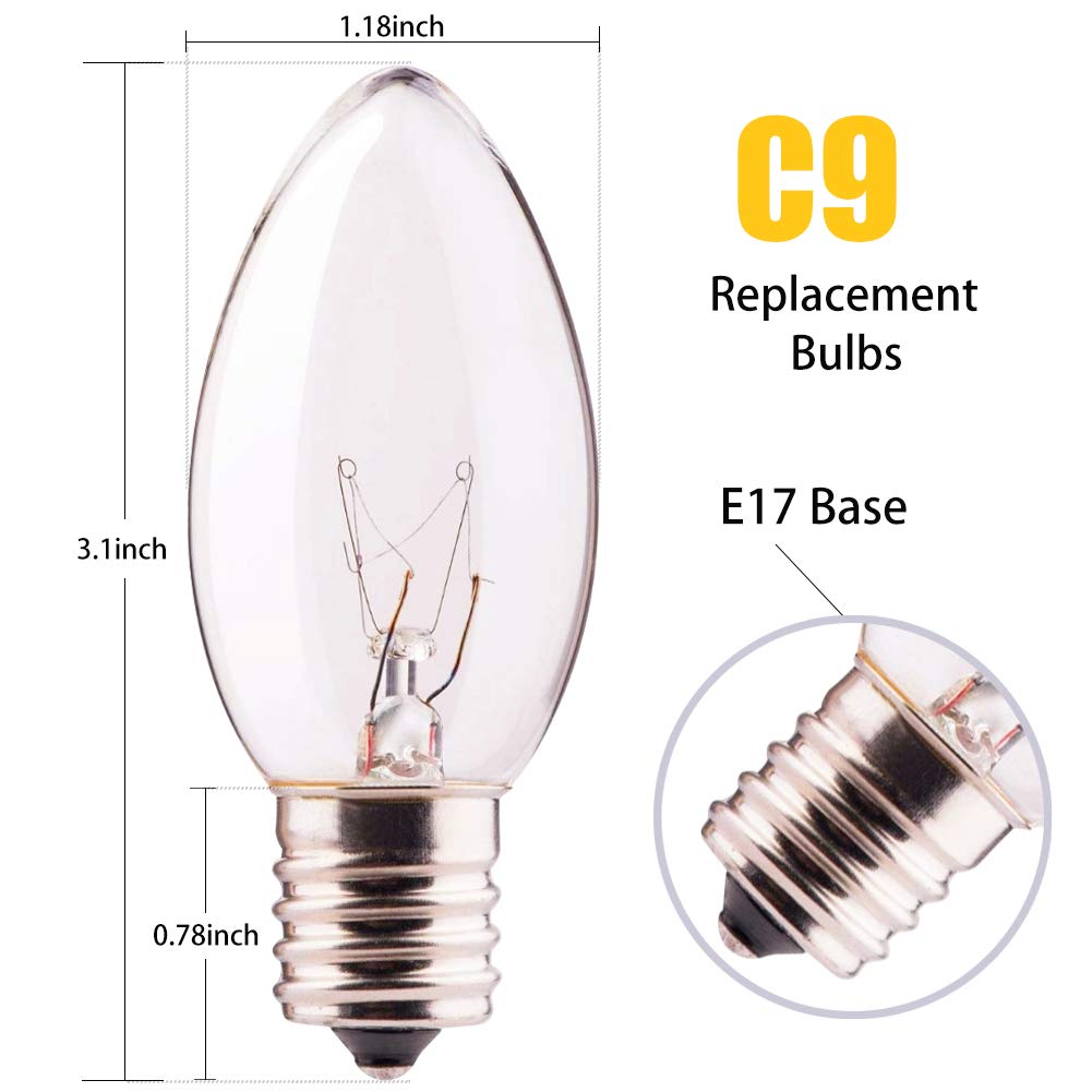 GOOTHY 25 Pack C9 Clear Christmas Replacement Light Bulbs, C9 Incandescent Replacement Bulbs for Outdoor Christmas String Lights, E17 Intermediate Base, 120V 7W Bulb, Warm White Night Light Bulbs