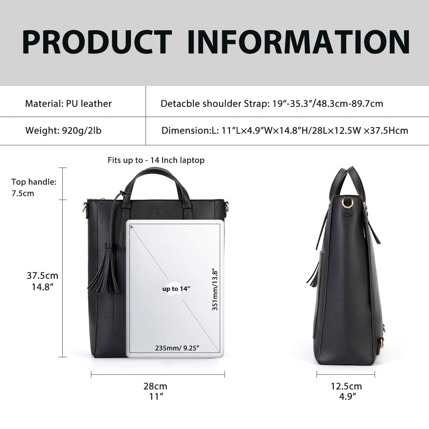 ECOSUSI Tote Bag Convertible Backpack Purse for Women Vegan Leather Handbag Multifunction Shoulder Bag for 14", 13L