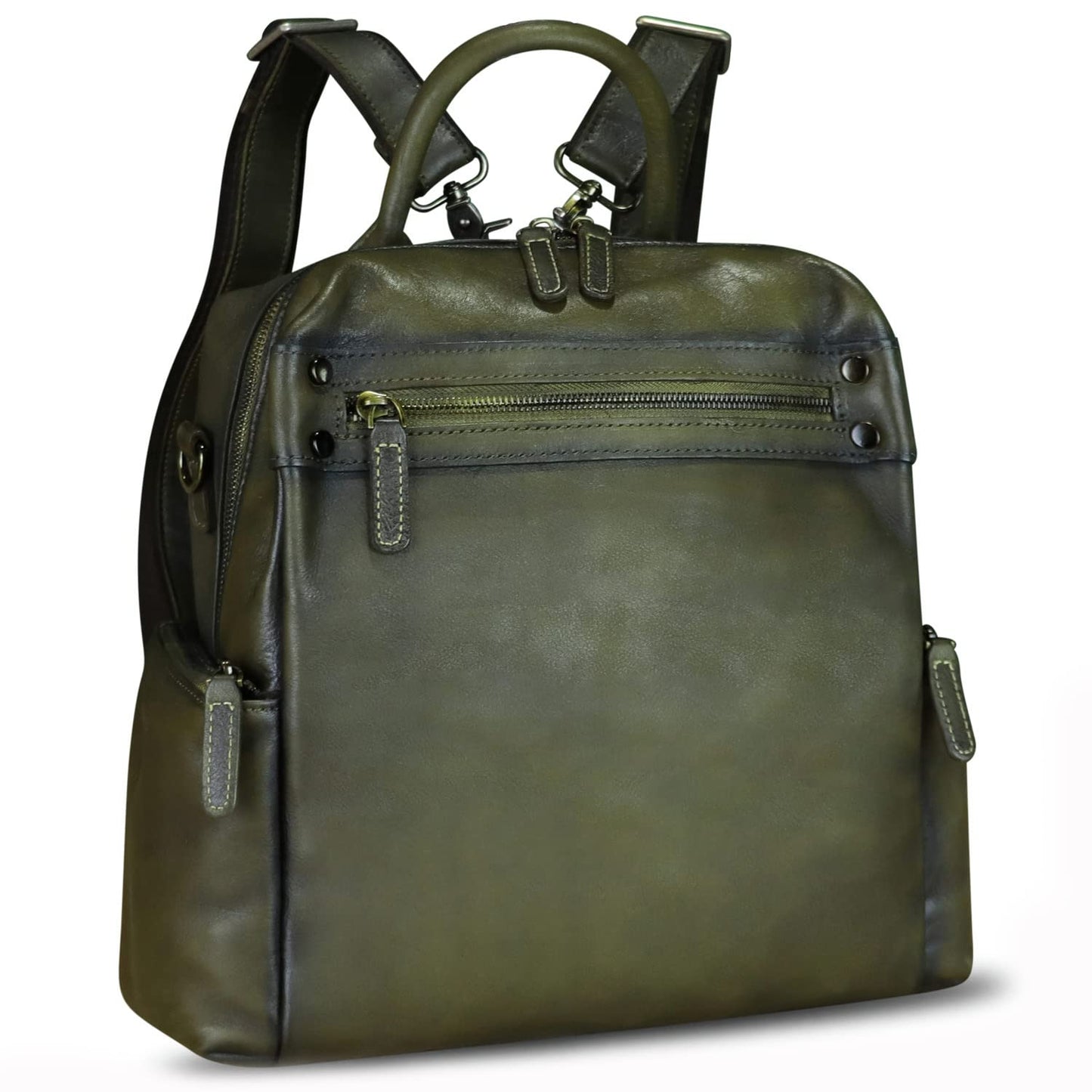 Genuine Leather Backpack Purse for Women Vintage Casual Daypack Knapsack Handmade Rucksack Convertible Shoulder Bag (Green) Medium