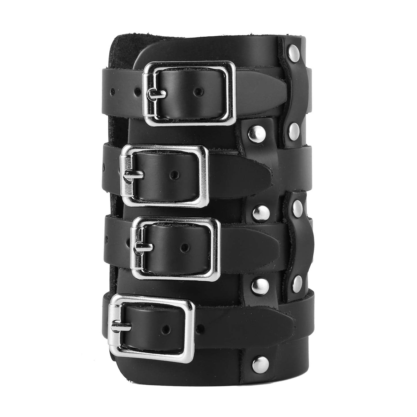 HZMAN Mens Leather Wide Triple Strap Cuff Wrap Gauntlet Wristband Buckle Fastening Arm Armor Cuff 4 Rows (Black)