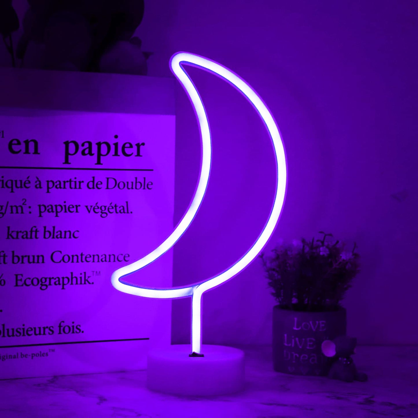 Vicila LED Moon Neon Signs, Purple Crescent Night Lights USB Battery Operated Moon Lamp for Birthday Party, Wedding, Halloween, Christmas Decorations-Holder Base(Purple)
