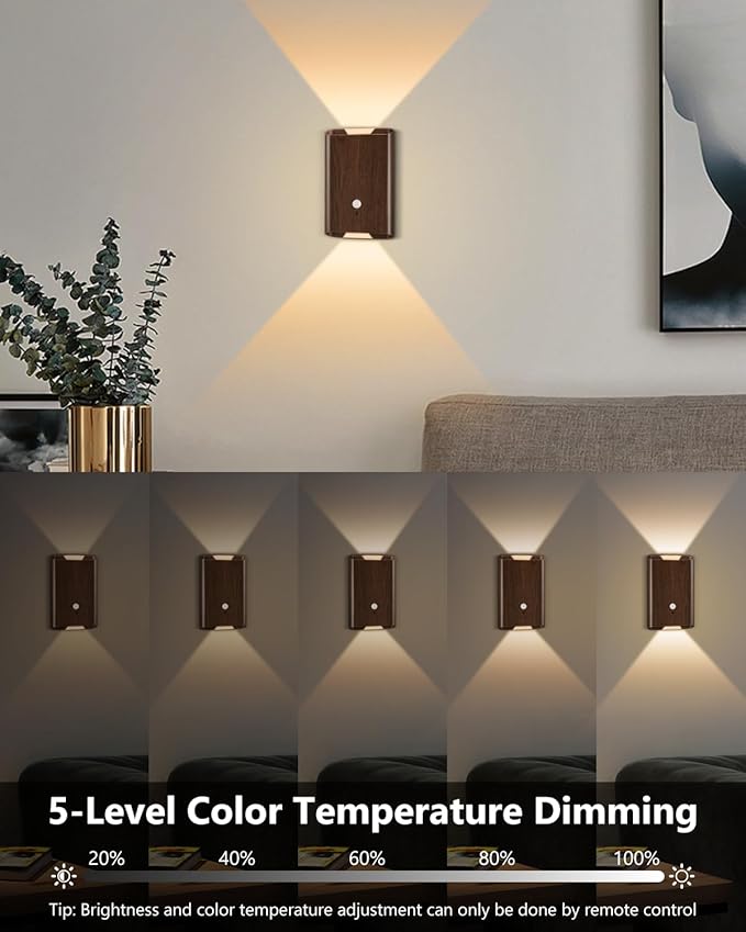 2 Pack Rechargeable Motion Sensor Wall Sconce – 5000mAh Wireless Battery Operated Wall Light, 3 Colors Up/Down Lighting Night Light with Remote Control for Indoor Stairs, Bedroom, Hallway (Walnut)