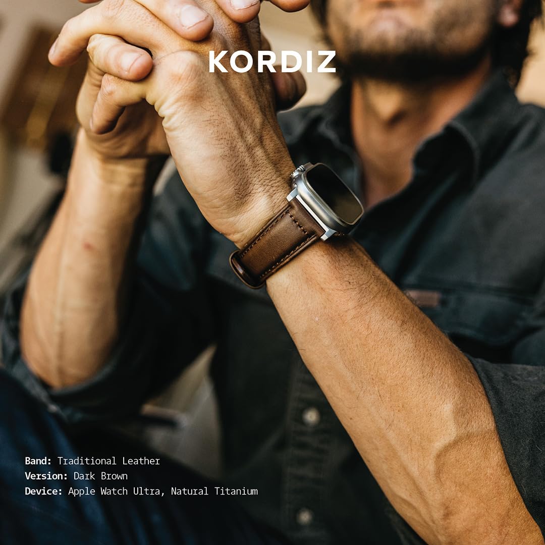 KORDIZ Traditional Leather Band for Apple Watch ULTRA 3 & ULTRA 2/1 [49mm] – Full-Grain Genuine Leather Replacement Strap for Men & Women – Classic Wristband Compatible with iWatch Ultra (Silver Titanium | Dark Brown)