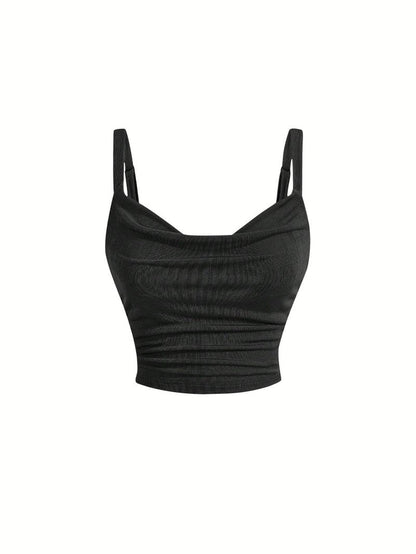 SOLY HUX Women's Cowl Neck Crop Camisole Top Lace Up Ruched Sleeveless Y2k Tops Plain Black Medium