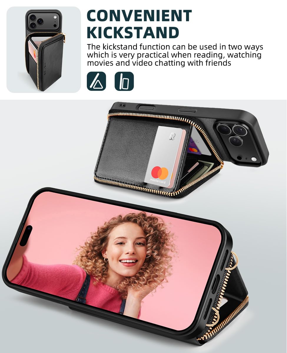 OCASE Compatible with iPhone 17 Pro Max Crossbody Wallet Case with Card Holder, PU Leather Zipper Handbag Phone Purse with RFID Blocking Kickstand Wrist Strap Lanyard 6.9 Inch, Black