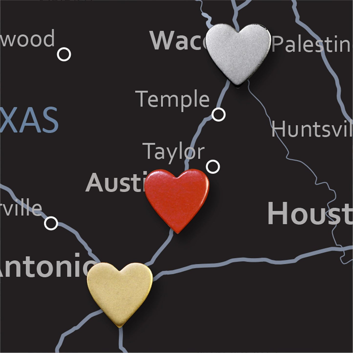 Big Silver Heart Push Pins - Large Silver Metal Heart Map Pins - for Cork Board, Maps, or Lapel Pin Use - Designed in USA - Set of 20