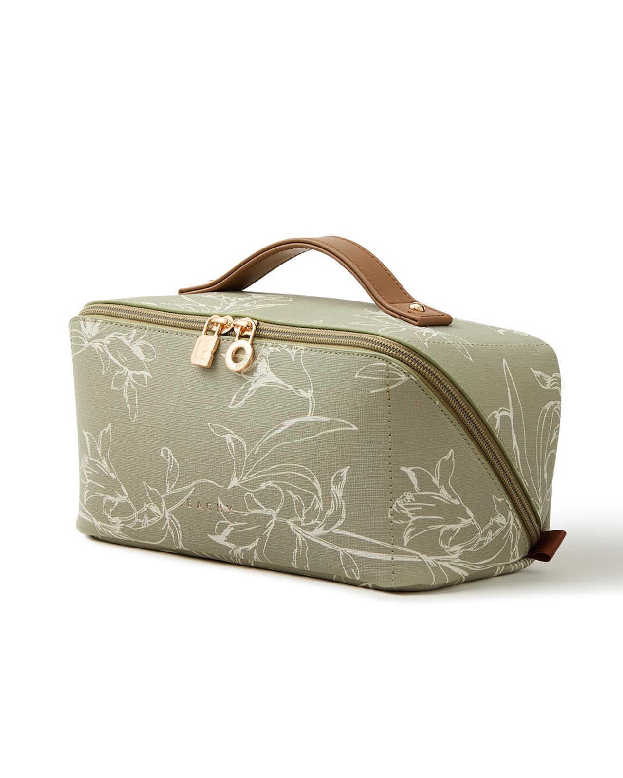 EACHY Travel Makeup Bag, Large Capacity Cosmetic Bags for Women, Waterproof Portable Pouch Open Flat Toiletry Bag Pattern Make up Bag (F-Green)