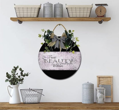 True Beauty Front Door Sign Funny Wreaths Hanging Wooden Plaque Decoration Round Rustic Wood Farmhouse Porch Decor for Home Front Door Decor, 12 x 12 Inch