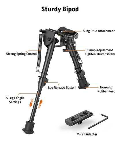 MidTen Bipods for Rifles M-Rail Sling Stud Bipod with Adapter Adjustable 6-9 Inches Aluminum
