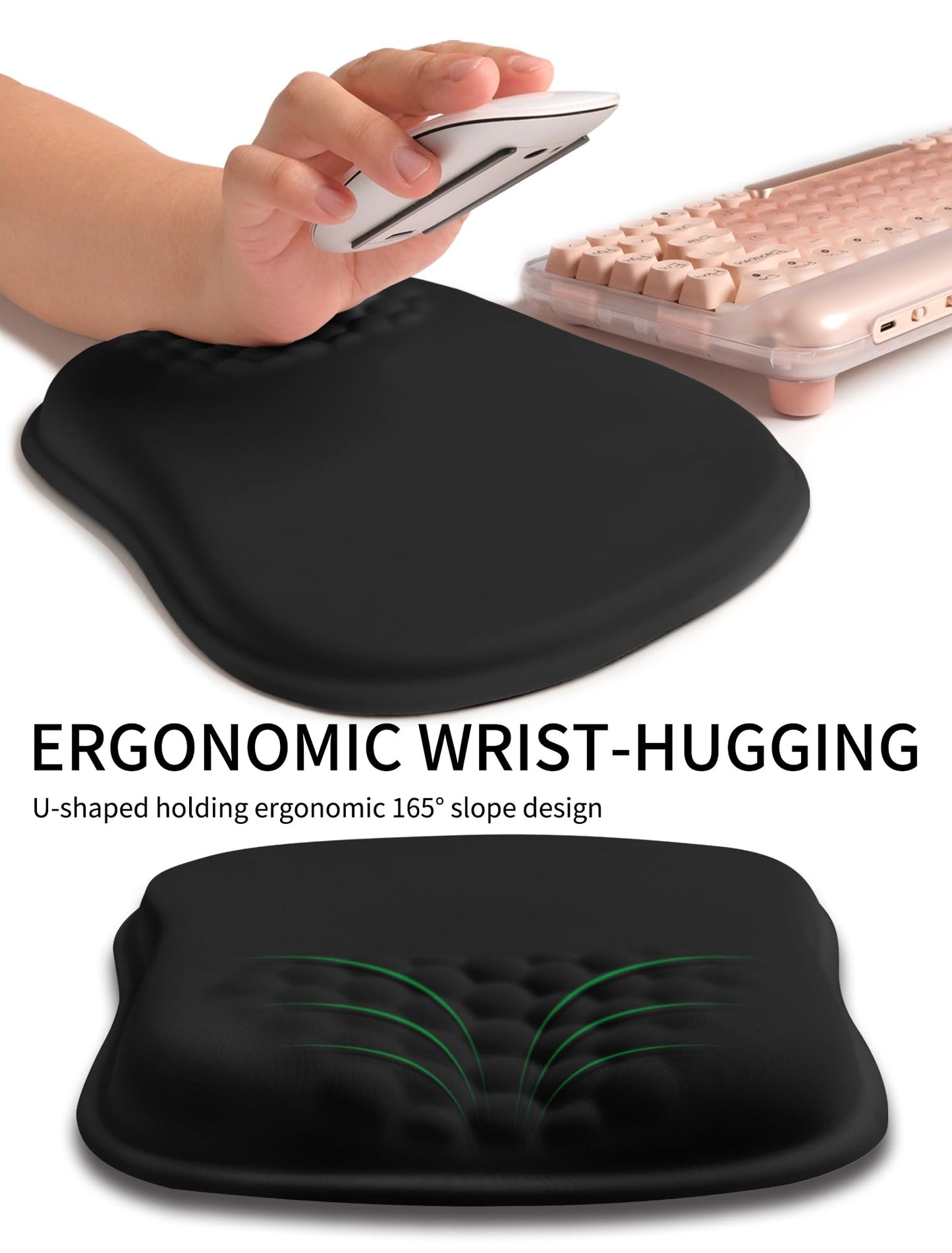Hokafenle Ergonomic Wrist-hugging Mouse Pad Wrist Support, U-shaped Holding Wrist Rest Mousepad for Carpal Tunnel Pain Relief with Cushioned Memory Foam Slope Massage Bulge (Classic 10.2x8.3 in,Black)