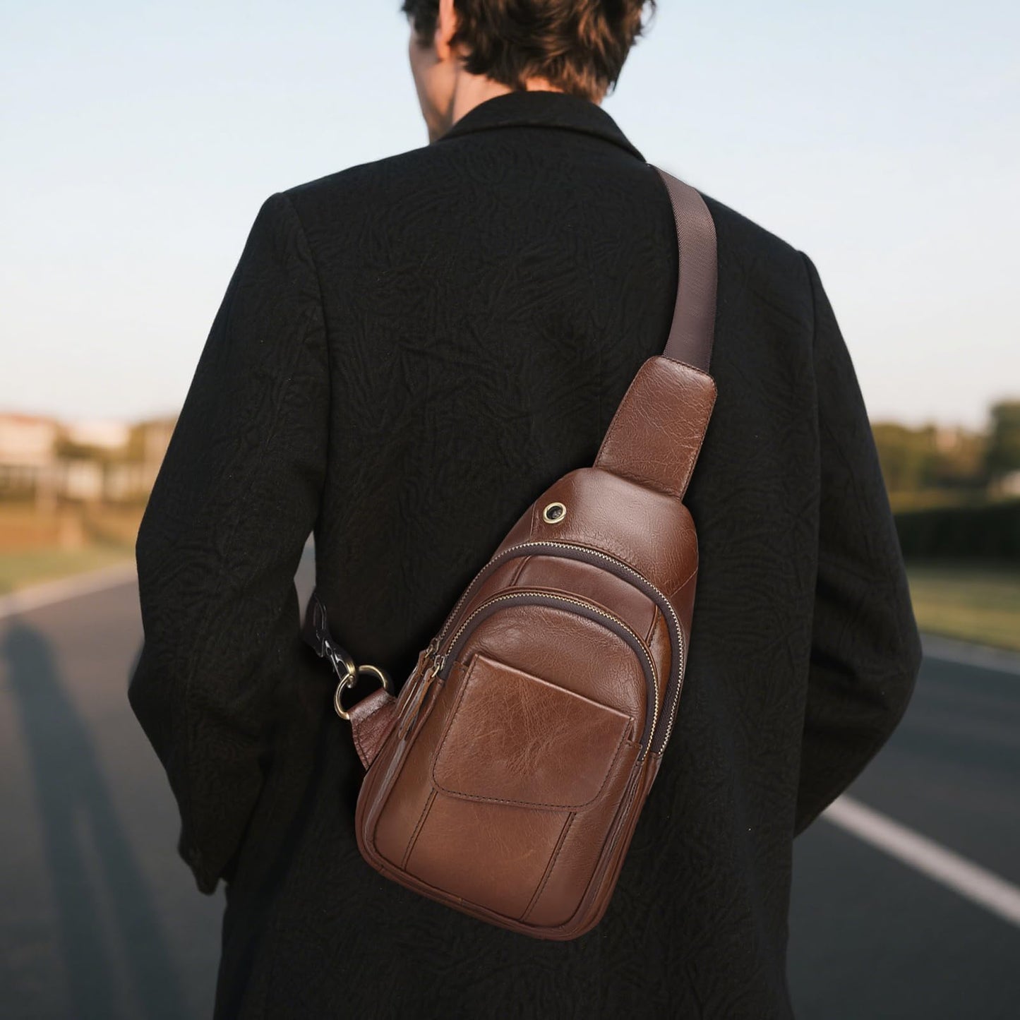 SUIKIHUM Full-Grain Leather Crossbody Bags for Men Women, Vintage Genuine Leather Sling Bag, Trendy Casual Chest Bag, Light Brown