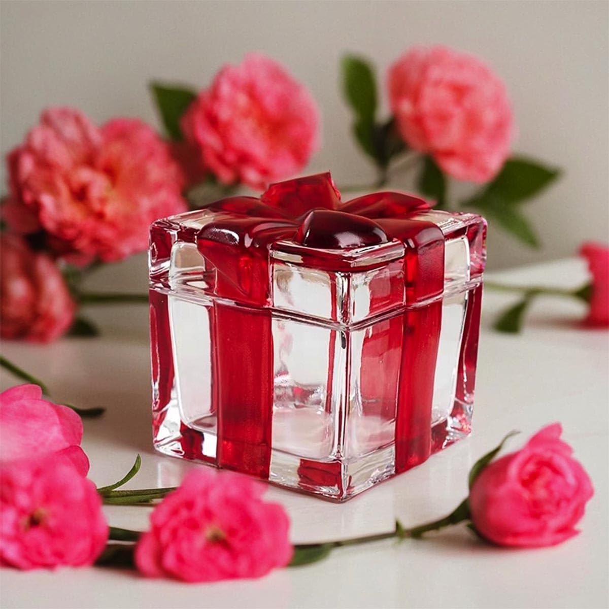 Gkesgm Set of 2 Christmas Candy Jar Red Glass Sugar Jar with Bowknot Lid,Square Crystal Peppermint Sweets Dish, Serving Tray, Serving Platter,Christmas Holiday Decor